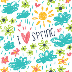 Seamless pattern with sun, clouds, flowers, hearts and polka dots.