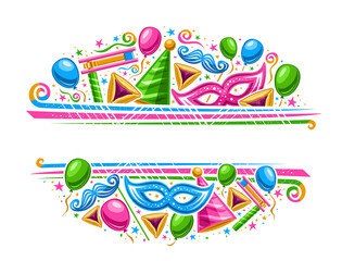Fototapeta premium Vector Border for Purim Carnival with copyspace for text, horizontal coupon with illustration of variety colorful balloons, decorative confetti and sweet haman's ears for purim on white background