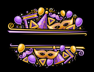 Vector Border for Purim Carnival with copy space for text, horizontal voucher with illustration of purple balloons, decorative confetti and sweet haman's ears for jewish purim fest on dark background