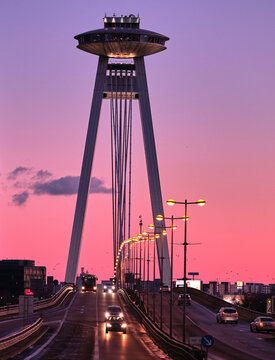 Purple sunset behind UFO bridge