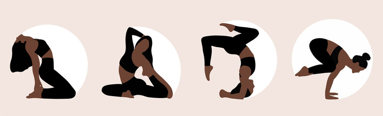 Yoga pose on a light background with white shape - Bundle of different yoga pose - Woman practicing yoga - Vector illustration	

