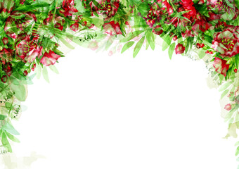 Abstract, floral background, red flowers and green leaves. Watercolor hand drawn illustration.