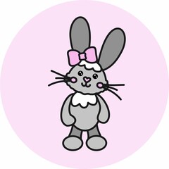 Kind, fluffy bunny on a pink background. Baby vector illustration. Poster for the children's room. Gray bunny with a pink bow.