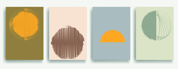 Modern poster with minimalist design elements . Grunge textured circle and arch in Boho style  . Wall art , home deco . Vector abstract shape.