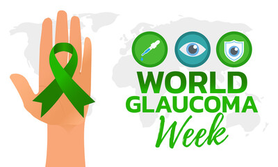 World glaucoma week. Vector banner, poster, flyer, greeting card for social media with text World glaucoma week second full week in march. Illustration with green ribbon, 