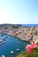 view from above to the beautiful Marina di Procida, Island between naples and Ischia, Italy