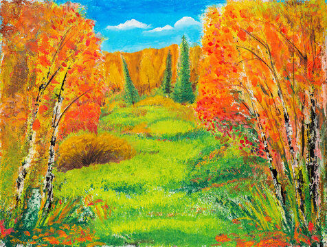 Birch grove with yellow leaves and green meadow. Autumn landscape with acrylic paints