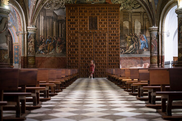 Traveler young girl at the big wooden door of the church