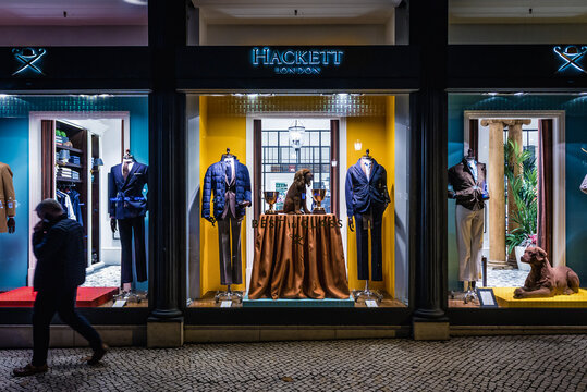 Lisbon, Portugal - November 6, 2018: Hackett London shop window on Liberty Avenue in Lisbon city