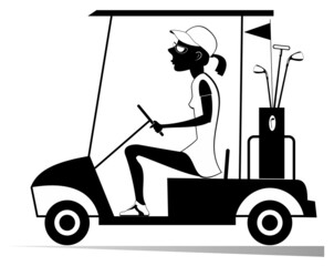 Woman in the golf cart isolated illustration. Pretty young woman is going to play golf in the golf cart black on white