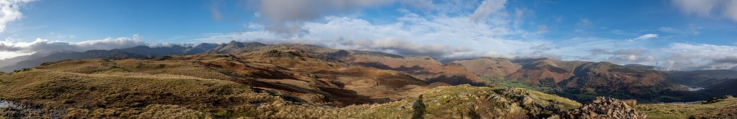 Panorama of the fells of the English Lake District on a sunny winter day