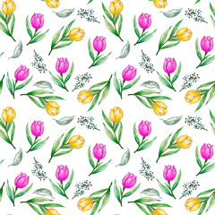 Watercolor Hand Painted Tulip flower and leaves splash Seamless Pattern Spring, Summer gold outline Concept Background