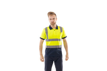 Fototapeta premium A middle-aged white man wearing a green uniform t-shirt standing over an isolated white background. He looks happy and smiles, a smirk on his face. Worker and builder concept.