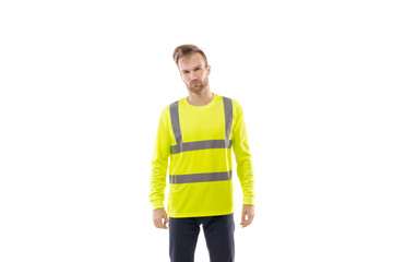 Fototapeta premium A middle-aged white man wearing a green uniform t-shirt standing over an isolated white background. He looks happy and smiles, a smirk on his face. Worker and builder concept.