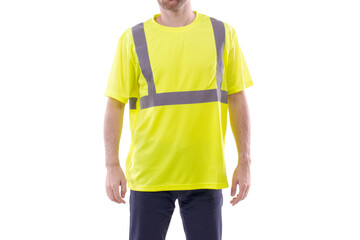 A torso of a white man wearing a uniform standing over isolated white background. Worker and builder t-shirt.