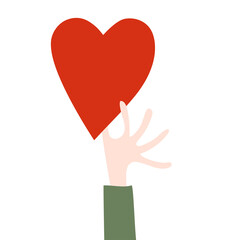 A hand holds a heart on a white background. Love and compassion. Valentine's day, vector drawing symbol of romantic holiday, heart health, charity, social help, kindness and support.