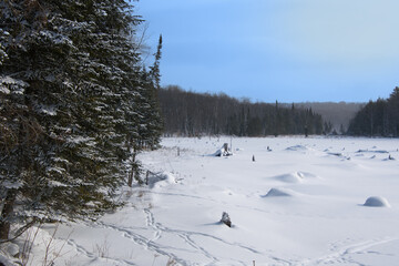 In january, icy lake in the Canadian winter in the province of Quebec