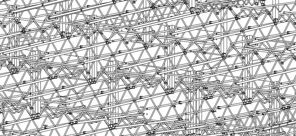 Wall mural 3D steel frames and trusses of a industrial building. Vector architectural blueprint. Abstract industrial background.