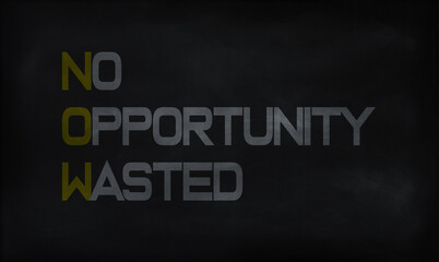 Fototapeta premium NO OPPORTUNITY WASTED (NOW) on chalk board 