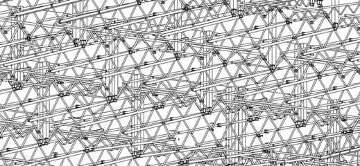 3D steel frames and trusses of a industrial building. Vector architectural blueprint. Abstract industrial background. - obrazy, fototapety, plakaty
