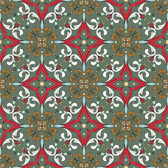 Bright pattern of colored decorative lace elements. Seamless background in baroque style, white, red and orange twigs with swirls.