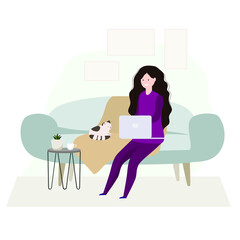 A girl with a laptop sits on a sofa with a cat. Work from home, online learning. Vector illustration.