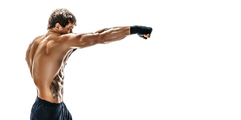 Half length of boxer who training and practicing on white background. sport, healthy lifestyle.