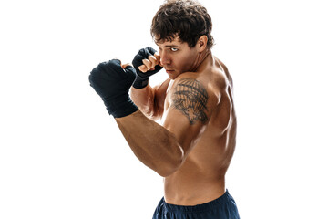 Portfolio of male boxer who training and practicing uppercut on white background. sport concept 