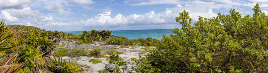 Fototapeta na wymiar Tulum panoramic Caribbean place of the Riviera Maya in Mexico, an ideal place to go on a tourist vacation to America's paradise in summer, enjoy a warm tropical climate and turquoise waters.