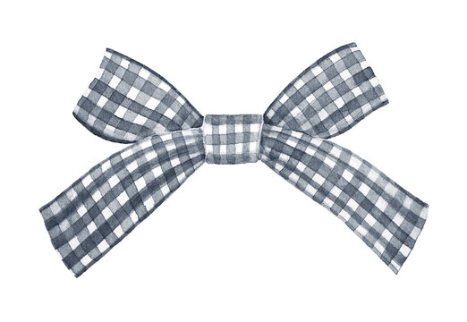 Water color illustration of cute black and white checkered Gingham Bow. Symbol of family, friends, summer picnic, welcoming atmosphere. Hand painted sketch on white background, cutout clipart element.