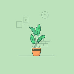 vector illustration of green plant in pot. illustration of home interior plants. flat design line icon minimalism. green background.