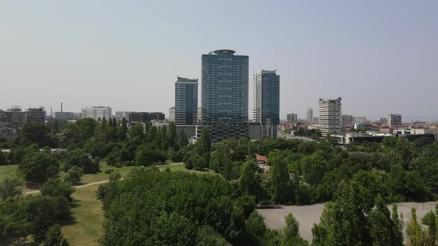 Amazing Aerial view of city of Sofia near National Palace of Culture, Bulgaria