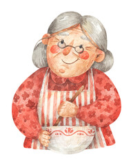 Old lady cooks. Watercolor hand-drawn illustration of grandmother with a bowl and spoon - obrazy, fototapety, plakaty