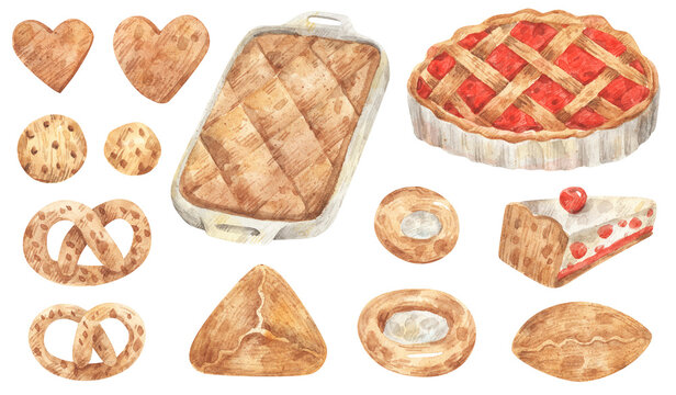Watercolor set of illustrations -  cake, buns, cherry pie, pretzels, cookies. Hand-drawn pictures of homemade pastries. 