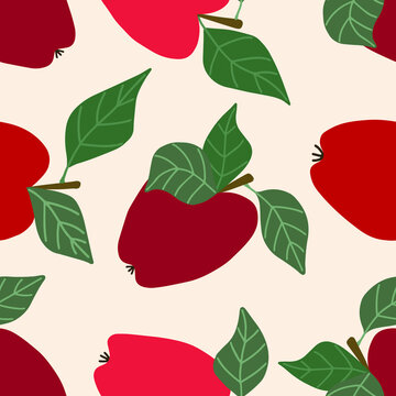 Red apples with leaves and branches on a beige background, vector illustration, seamless pattern. Hand drawing.