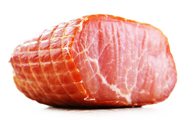 Piece of smoked ham isolated on white. Meatworks product