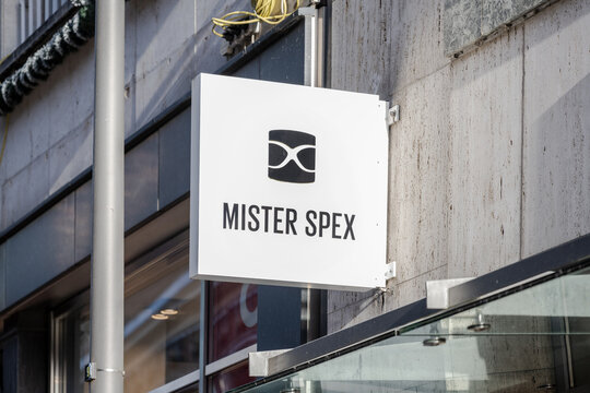 Lubeck, Germany, January 15, 2022:  Mister Spex advertising sign on the facade of an eyewear retail store, a large online optician in Germany and Europe