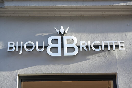 Lubeck, Germany, January 15, 2022:  Bijou Brigitte advertising logo sign on the facade of a store, retail chain supplier of fashion jewelry and accessory