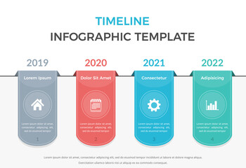 Timeline infographics with four ribbons with icons and text
