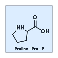 Proline - Pro - P - Conditionally Essential Amino Acid molecular formula, flat chemical structure on blue background for chemistry and biology education.