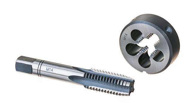 Closeup of steel die and tap cutter isolated on white background. Metric tools for precise tapping and threading. Round part to hand cutting external threads and cylindric to threaded holes in metals.