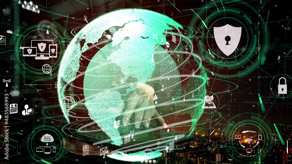 Poster cyber security encryption technology to protect data privacy conceptual . 3d render computer graphic