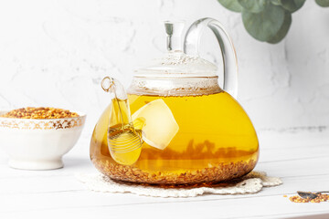 Glass teapot on the table. Teapot