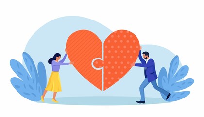 Man and woman put the puzzle pieces together to red heart shape form. Happy Valentine's day. Love story. Romantic marriage concept. Vector design