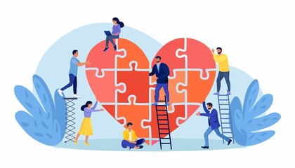 People put the puzzle pieces together to red heart shape form. Charity and donation. Give and share your love to people. Group of volunteers work for good purpose in social benefit activity. Vector