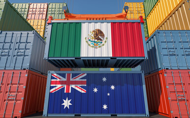 Freight containers with Mexico and Australia national flags. 3D Rendering 