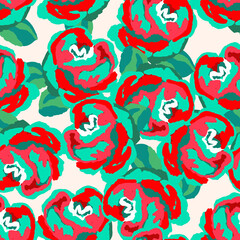 Spring colorful vector illustration with red roses. Cartoon style. Design for fabric, textile, paper. Holiday print for Easter, Birthday, 8 march. Flowers with leaves