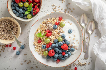 Tasty oats made of blueberries and raspberries.