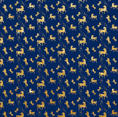 Unicorn pattern. Magical Golden glittering unicorns. Golden Seamless pattern with cute unicorns on blue background, stars, abstractions. Magic background with little unicorns illustration.