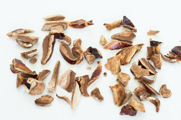 Pile of slice Lingzhi mushroom on white background (Ganoderma Lucidum). Chinese traditional medicine and nutritive value.